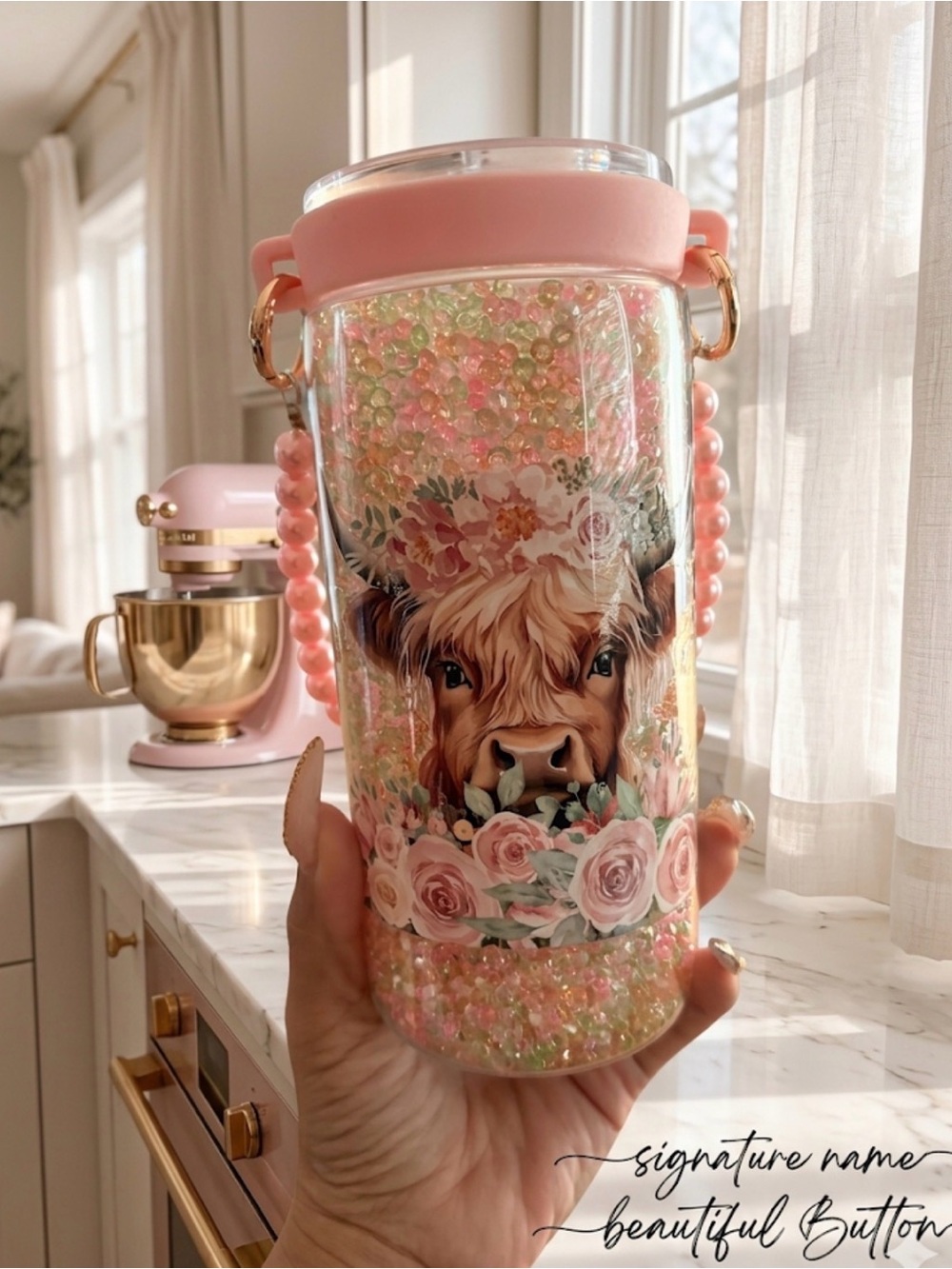 Custom Pink Highland Cow Glitter Tumbler with Beaded Handle